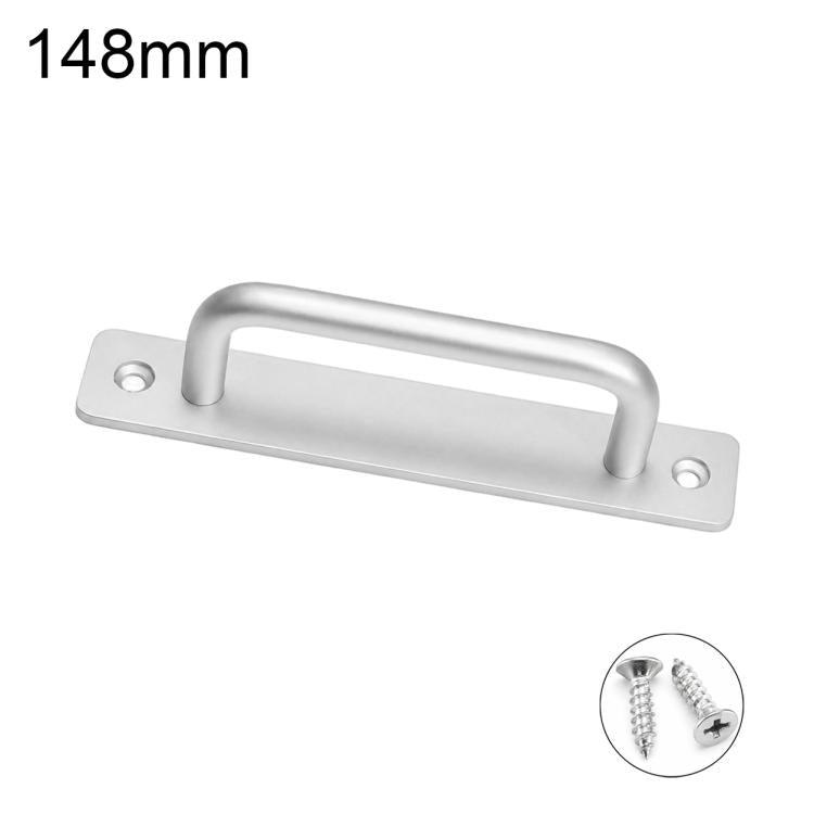 Silver cabinet pull handle, 148mm, with mounting screws and base plate