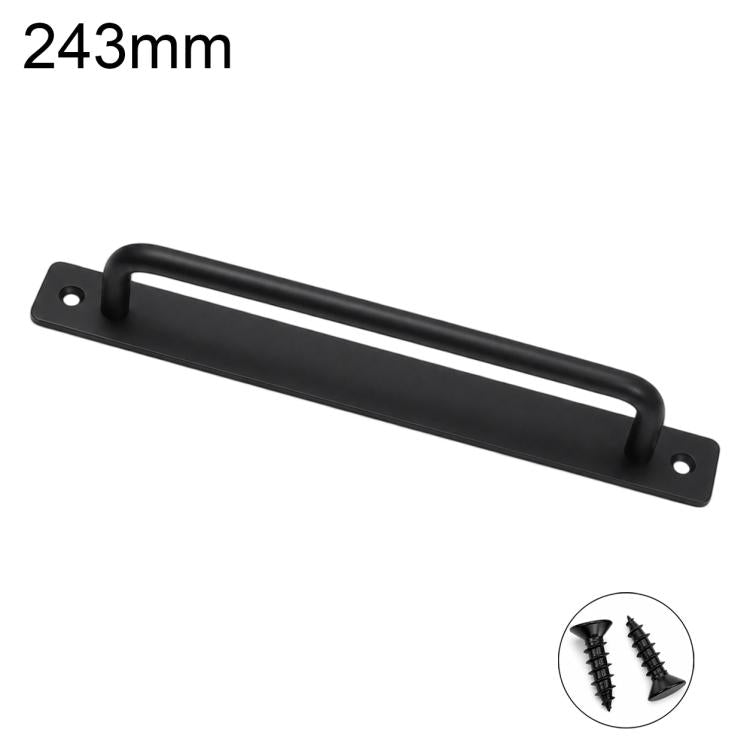 Black aluminum furniture pull handle, 243mm length with mounting holes and screws