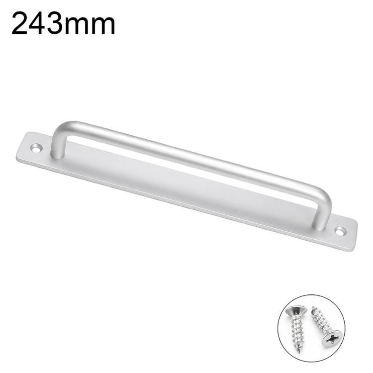 Silver aluminum furniture pull handle, 243mm length with mounting holes and screws