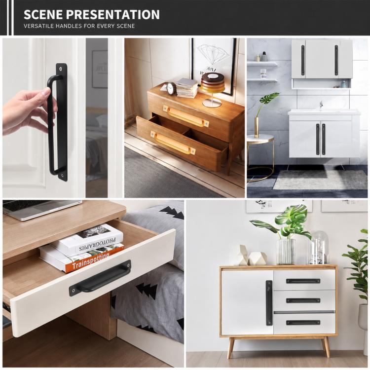 Black aluminum cabinet pull handles with mounting screws on cabinet doors