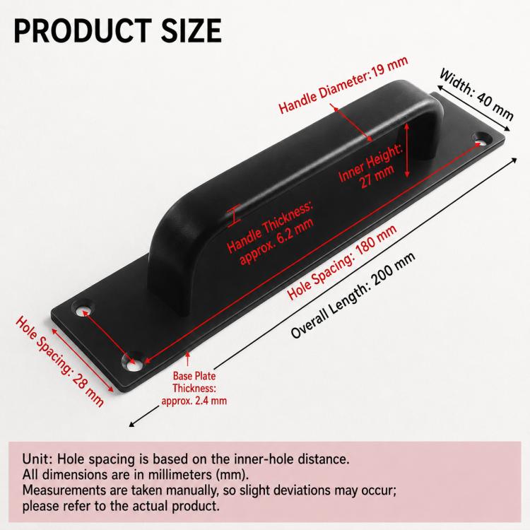 Black door pull handle with wide grip and rectangular base plate with screw holes.