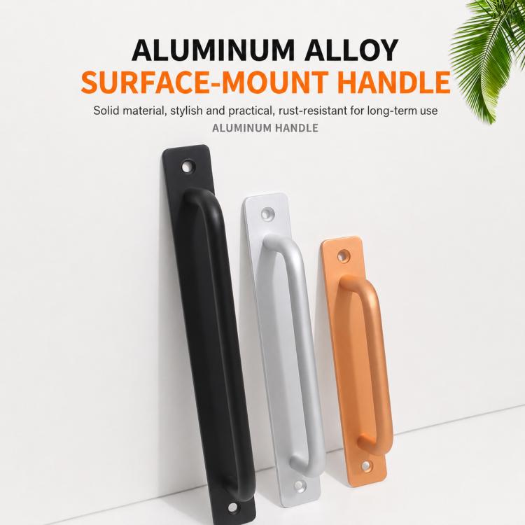 Aluminum alloy surface-mount door handle set in black, white, gold, and copper tones.