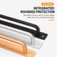 Black surface-mount door handle with rounded corner protection and mounting plate holes.