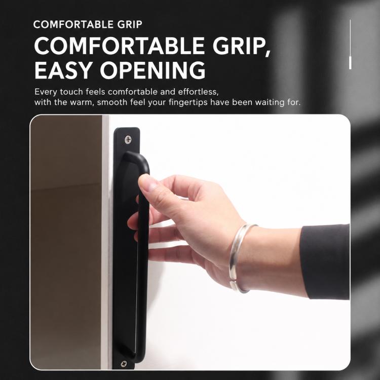 Black cabinet door pull handle with curved grip and mounting screws