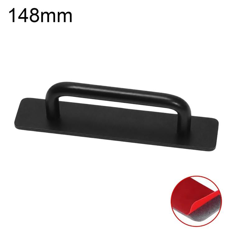 Black aluminum furniture pull handle, 148mm, U-bar grip on rectangular base plate