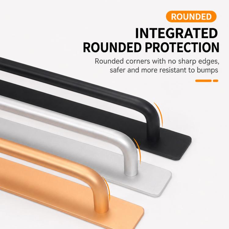 Black aluminum surface-mount pull handle with rounded corners and flat base
