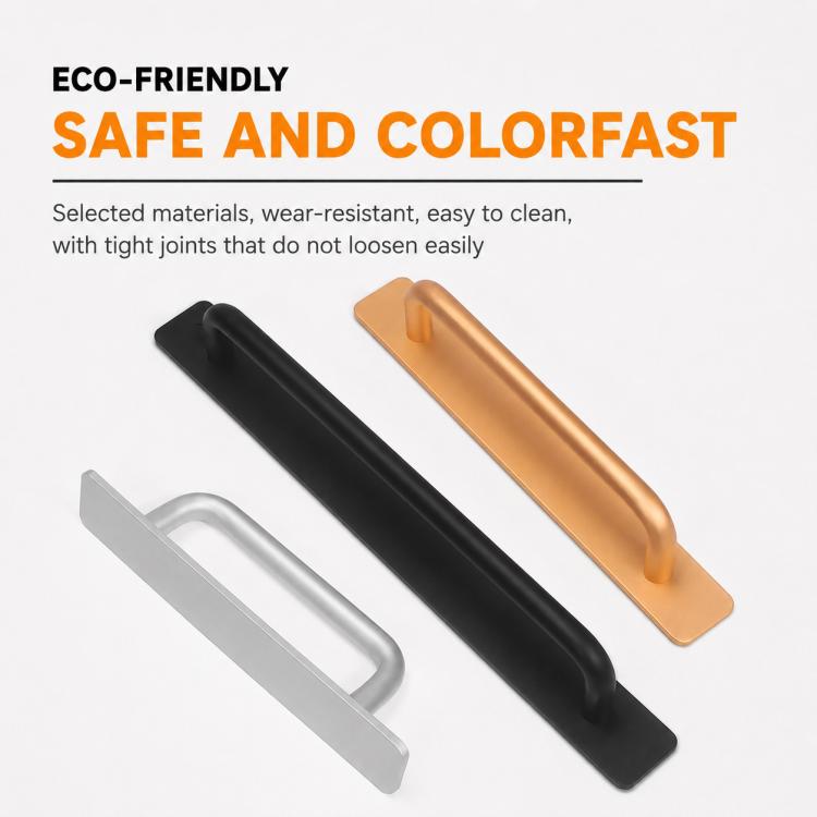 Aluminum surface-mount pull handles in black, silver, and bronze with curved grips