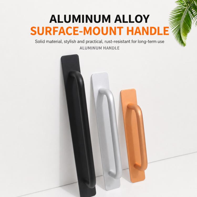 Set of surface-mount aluminum pull handles in black, white, silver, and orange