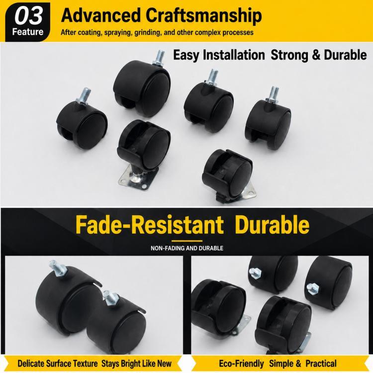 Assorted black swivel casters with mounting plates and threaded screw stems