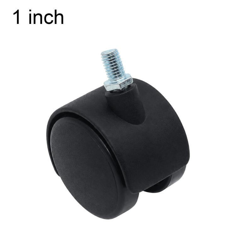 1 inch black swivel caster with threaded stem, single wheel on metal bolt