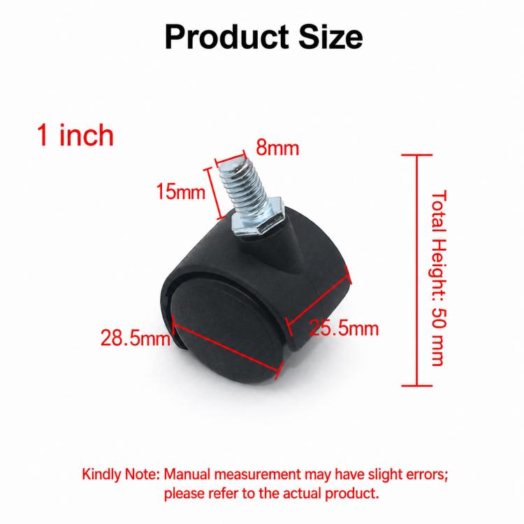 Black swivel caster with threaded stem, dimension diagram shown