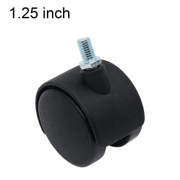 1.25 inch black swivel caster with threaded stem, single wheel and bolt