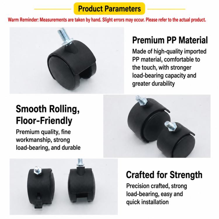 Black swivel caster with threaded stem shown in multiple angles