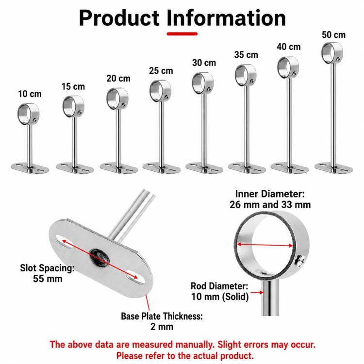 Stainless steel clothes rod bracket with flange base and ring, size diagram view