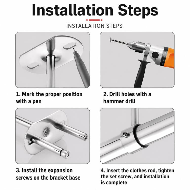 Stainless steel drying rod bracket installation steps, drilling and tightening on base