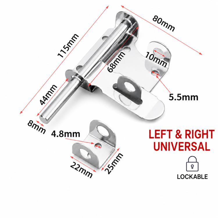 Stainless steel slide bolt latch with universal mounting bracket and base plates.