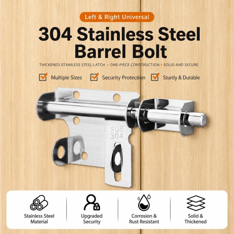 304 stainless steel barrel bolt latch with mounting bracket and striker plate.
