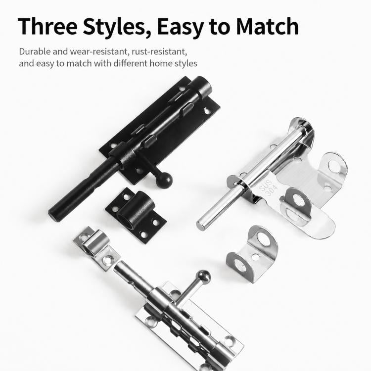 Set of stainless and black slide bolt latches with mounting plates and hardware.
