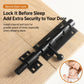 Black barrel bolt door lock latch with extended bolt and side mounting plates.