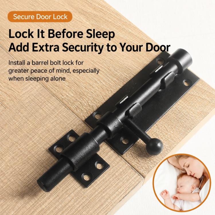 Black barrel bolt door lock latch with extended bolt and side mounting plates.
