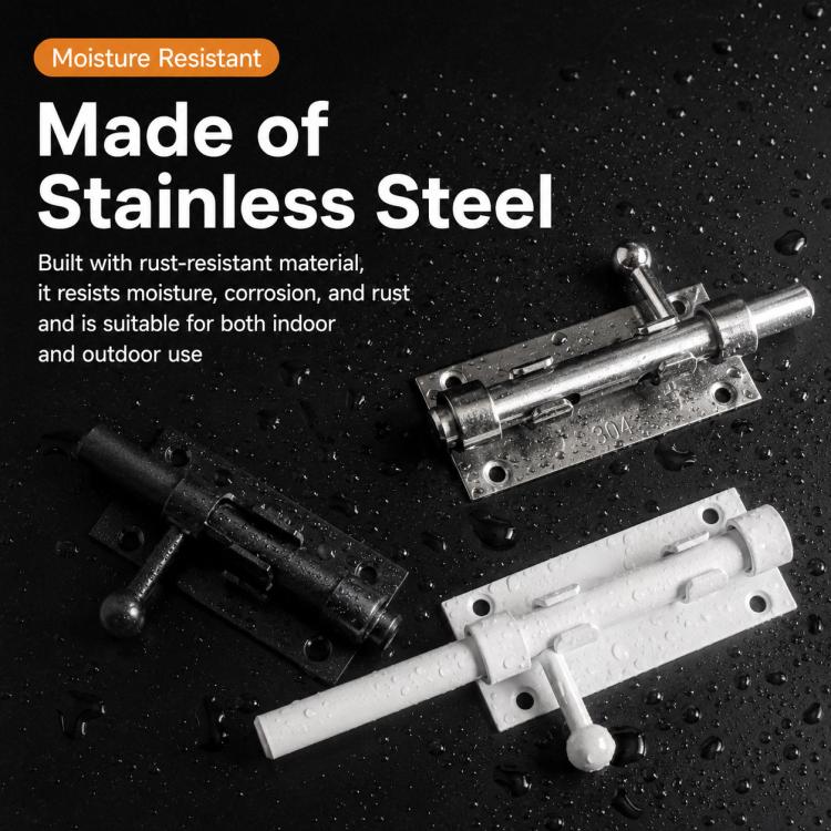 Stainless steel barrel bolt lock with sliding bolt and mounting base.
