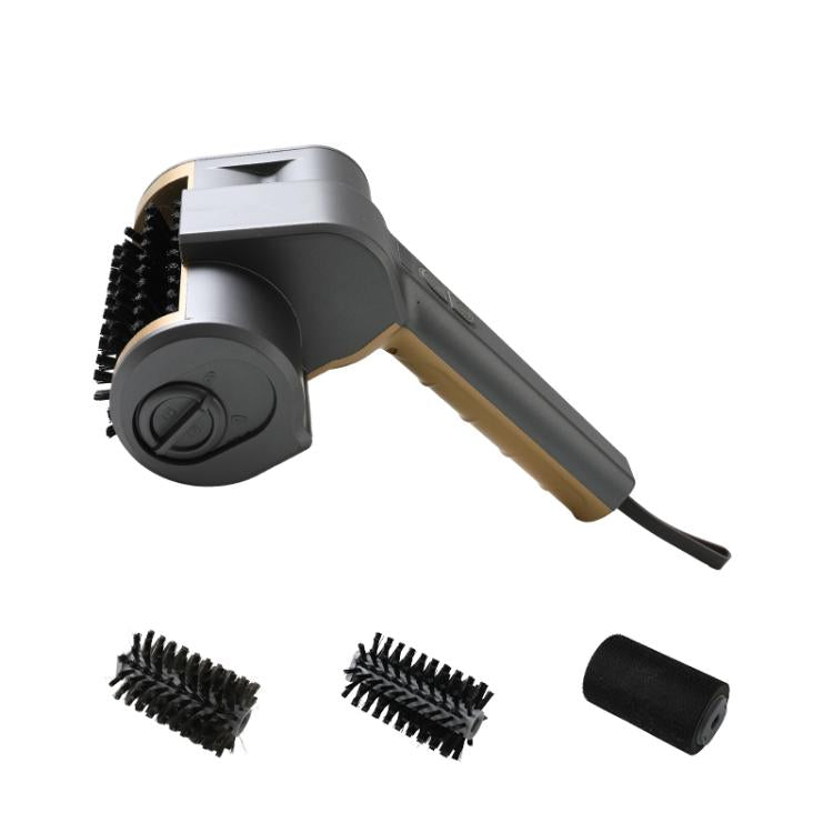 Electric grill cleaning brush in dark gray/black with rotating bristle drum and 3 heads