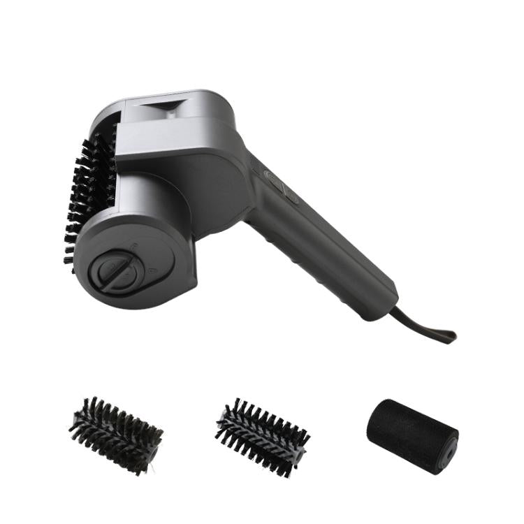 Electric grill cleaning brush in dark gray with rotating bristle drum and 3 spare heads