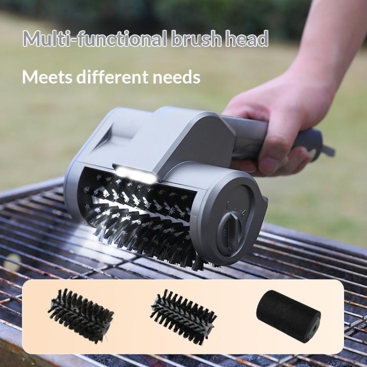 Electric grill cleaning brush with multi-use rotating brush head and 3 included heads