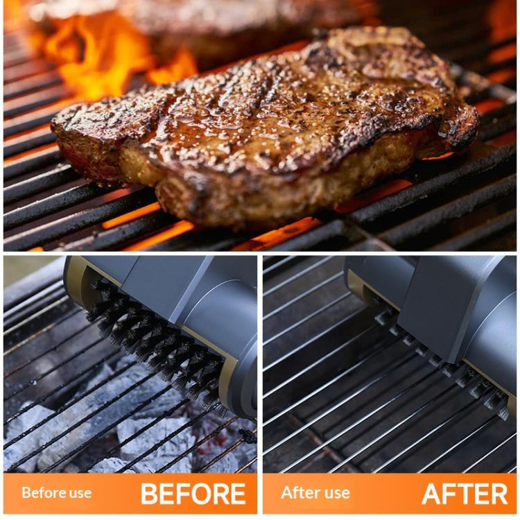 Electric grill cleaning brush shown cleaning grill grate with rotating black bristle drum