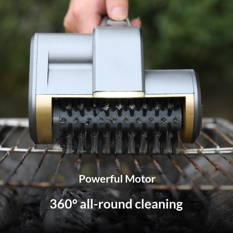 Electric grill cleaning brush close-up with rotating black bristle drum