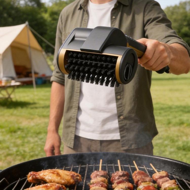 Electric grill cleaning brush held over grill grate with rotating black bristles