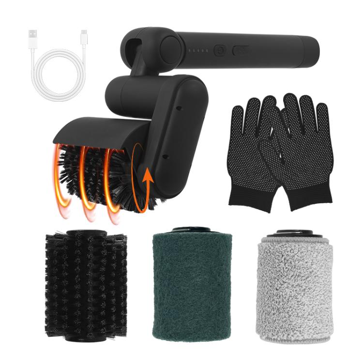 Black electric BBQ cleaning brush kit with 3 replaceable brush heads and matching gloves