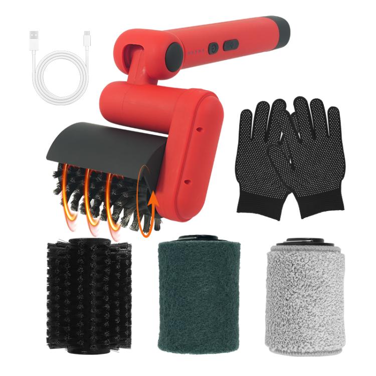 Red electric BBQ cleaning brush kit with 3 replaceable brush heads and matching gloves