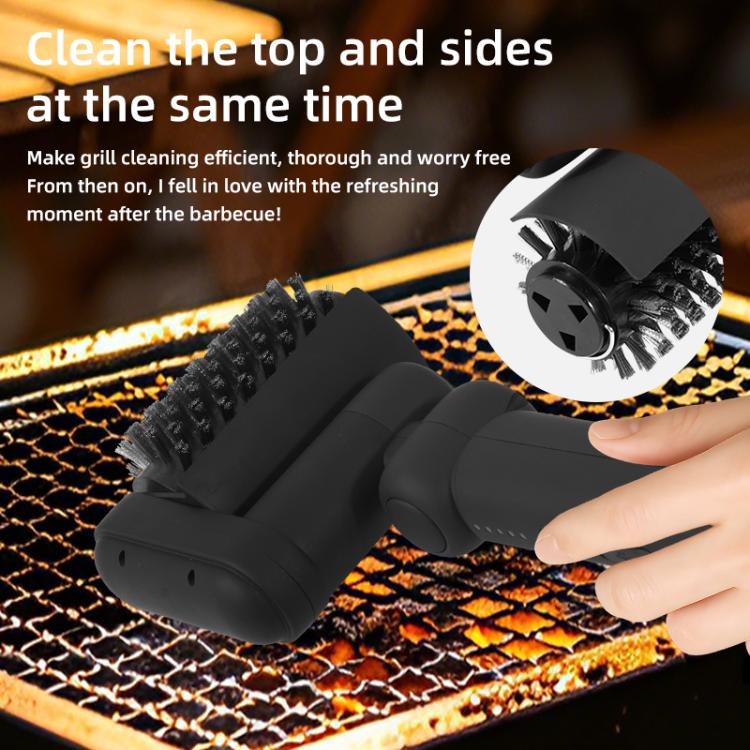 Black electric BBQ cleaning brush scrubbing a grill grate with bristle head