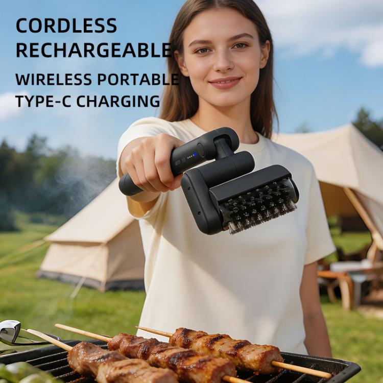 Black cordless electric BBQ cleaning brush with bristle head, compact handheld design