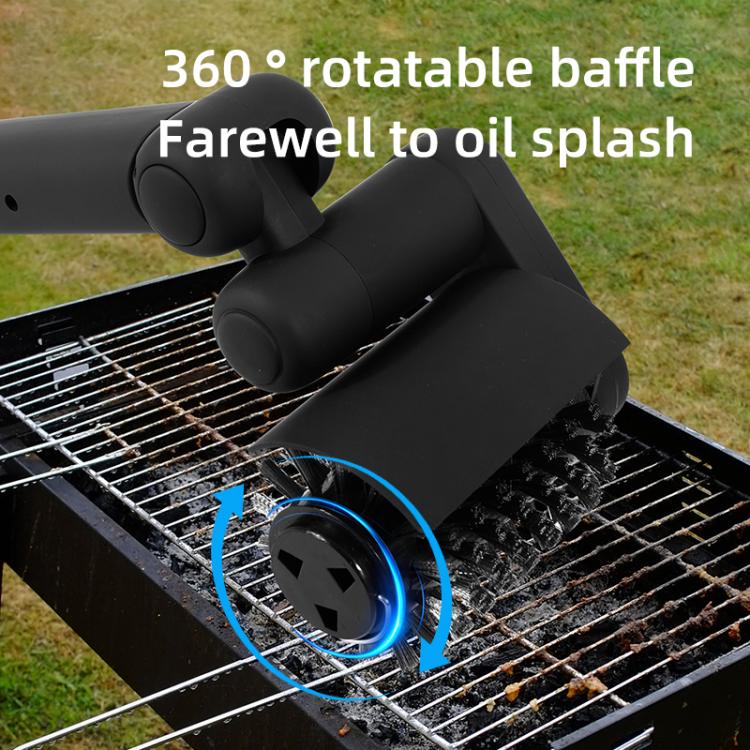 Black electric BBQ grill cleaning brush with rotating pad and power indicator on grate