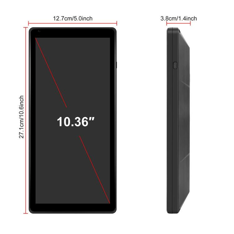 Slim 10.36-inch black touchscreen rear-view mirror monitor, front and side view