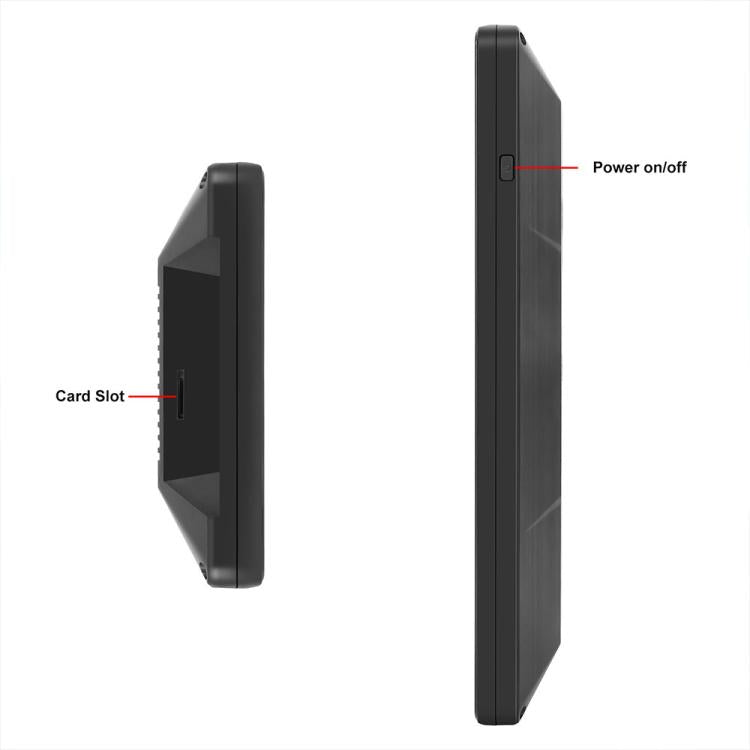 Black rear-view mirror monitor with side power switch and card slot