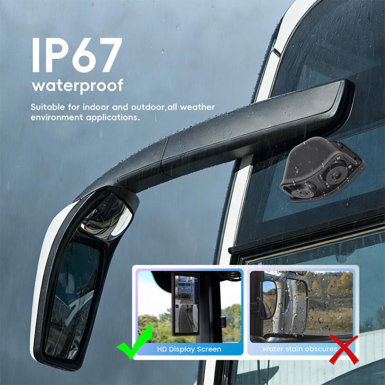 Water-resistant black rear camera module mounted on a truck side mirror arm