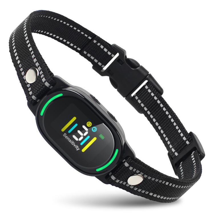 Black anti-barking dog training collar with adjustable nylon strap and LED display