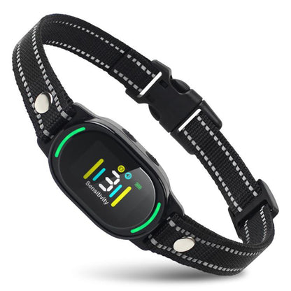 Black anti-barking dog training collar with adjustable nylon strap and LED display