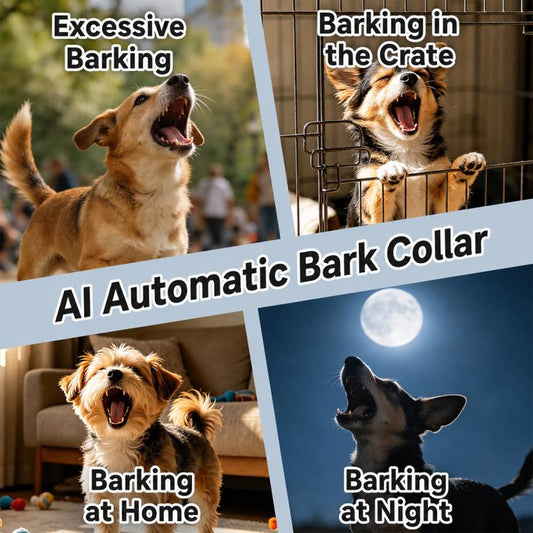 Anti-barking dog training collar worn on a dog with a black nylon strap