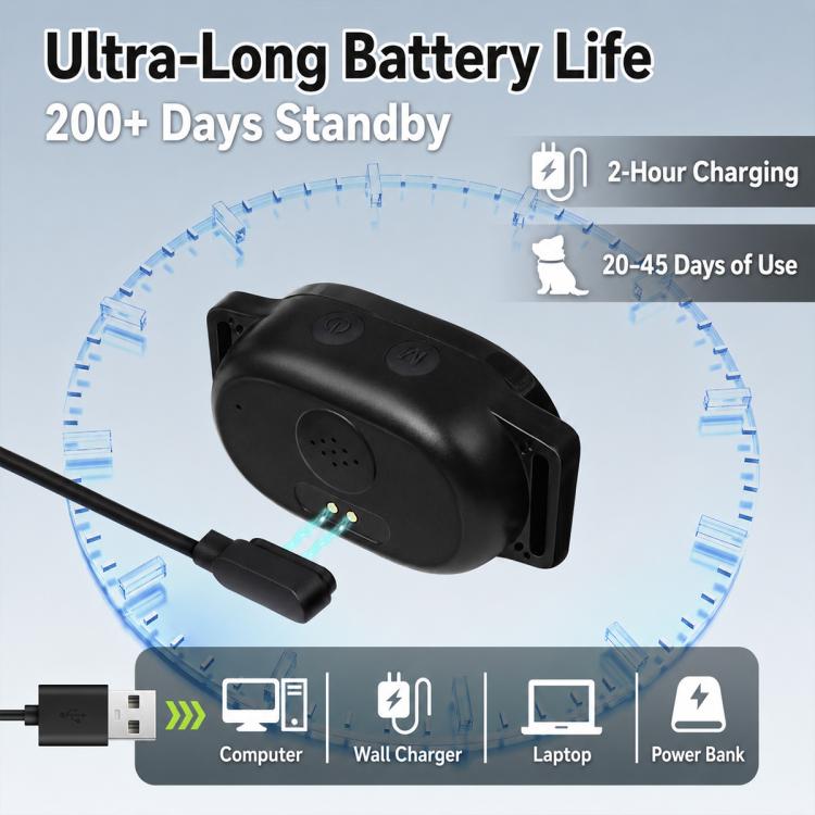 Anti-barking collar charging base with black receiver unit and USB cable