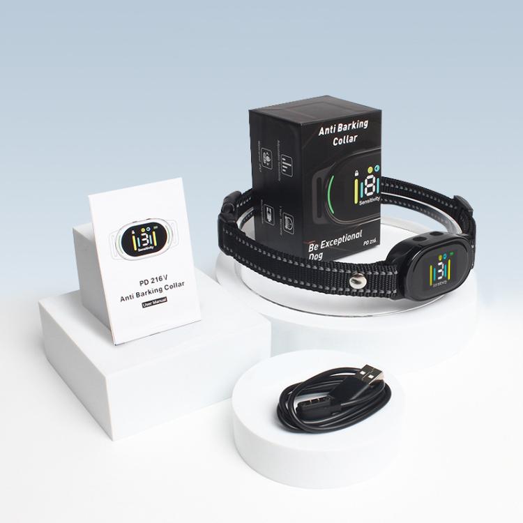 PaiPaitek anti-barking collar kit with collar, USB cable, and instruction booklet