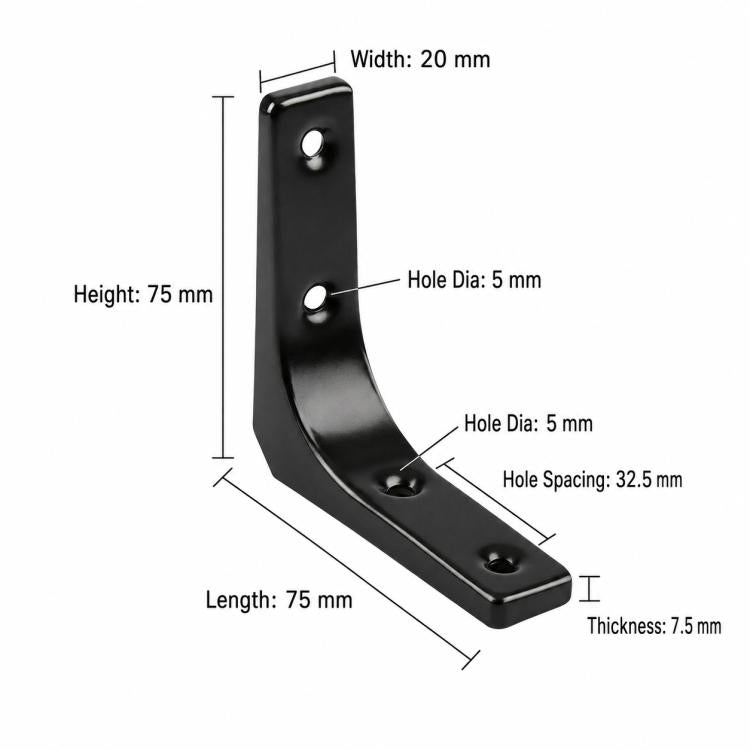Black L-shaped wall shelf brace, 3 inch, mounting hole pattern with 4 holes