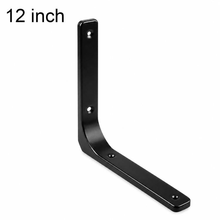 Black 12-inch L-shaped wall shelf support brace with mounting screw holes