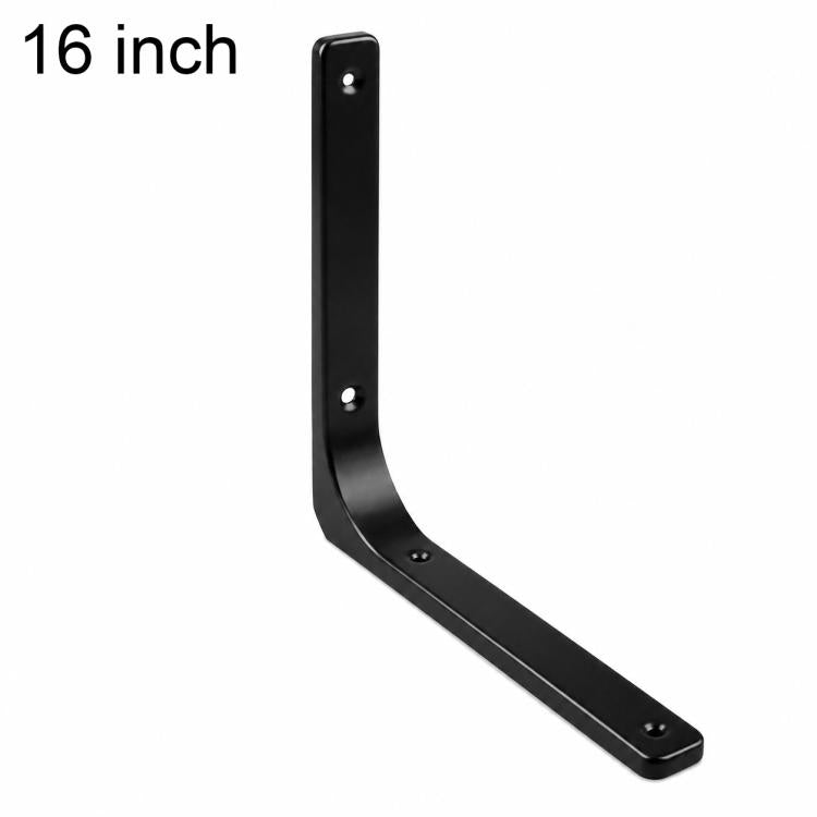 Black 16-inch L-shaped wall shelf support brace with mounting screw holes