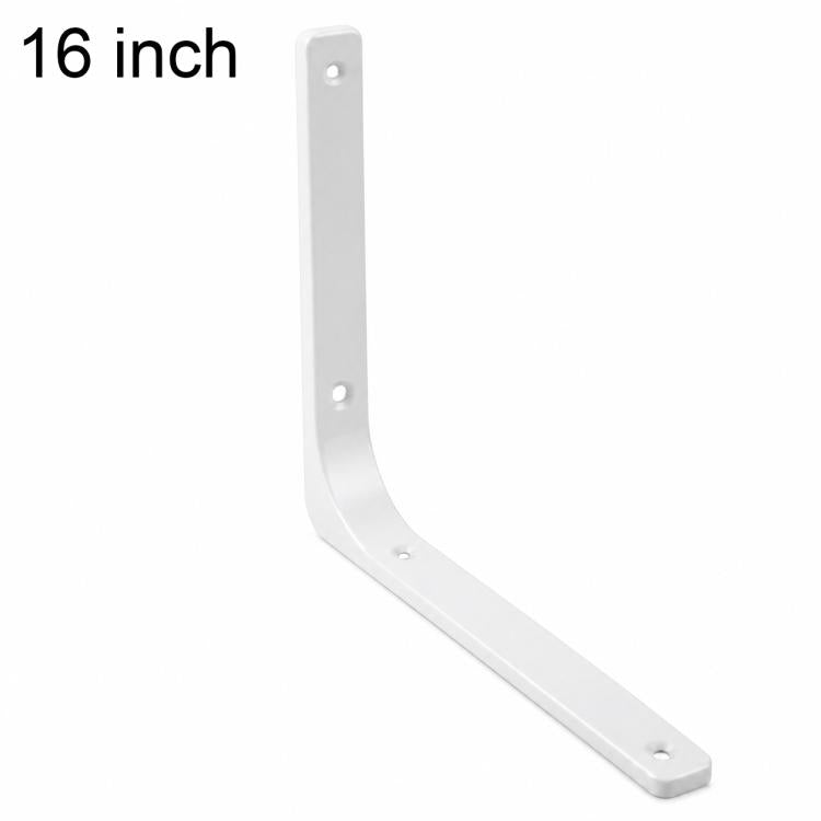 White 16-inch L-shaped wall shelf support brace with mounting screw holes