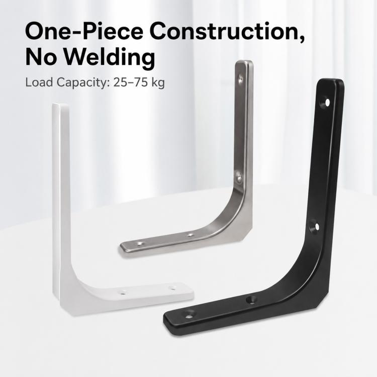 L-shaped wall shelf support brackets in white and black, each with mounting screw holes
