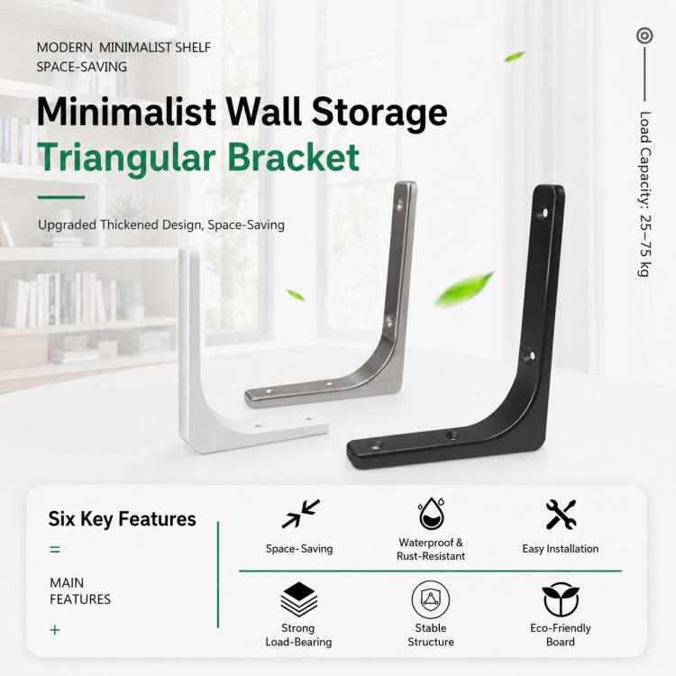 Set of black and white L-shaped wall shelf support braces with mounting screw holes